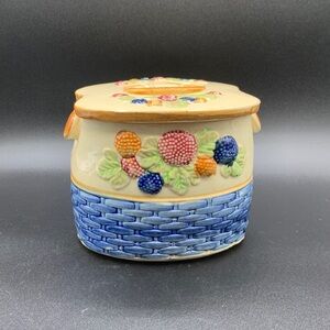 Vintage Blue Woven Basket Berries Biscuit Cracker Pottery Jar Made in Japan